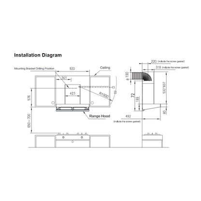 EUROPACE ECH9208E T-Shape Chimney Hood 90cm