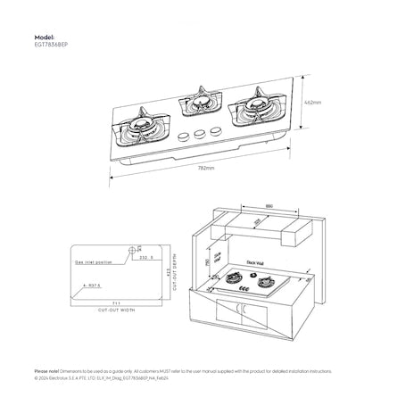 ELECTROLUX EGT7836BEP built-in gas hob with 3 cooking  zones (PUB) 78cm
