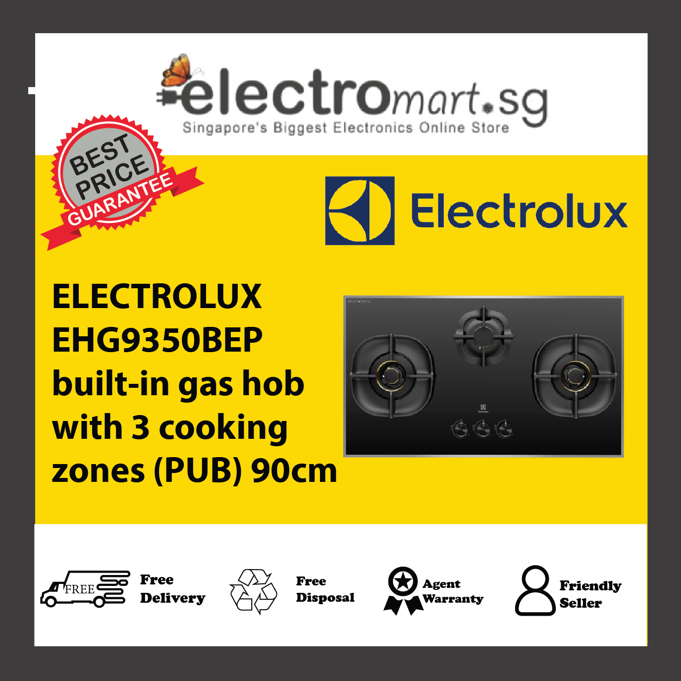 ELECTROLUX EHG9350BEP built-in gas hob with 3 cooking  zones (PUB) 90cm