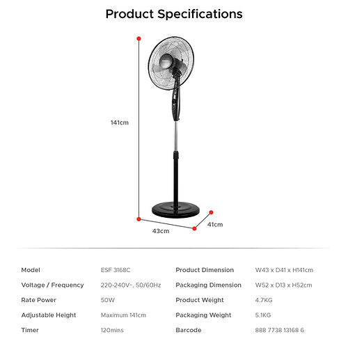 EuropAce ESF3168C Manual Stand  Fan 16”