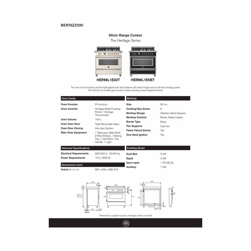 BERTAZZONI HER96L1EAVT 90CM 6-BURNER STANDING COOKER WITH ELECTRI OVEN HERITAGE SERIES HER96L1EAVT