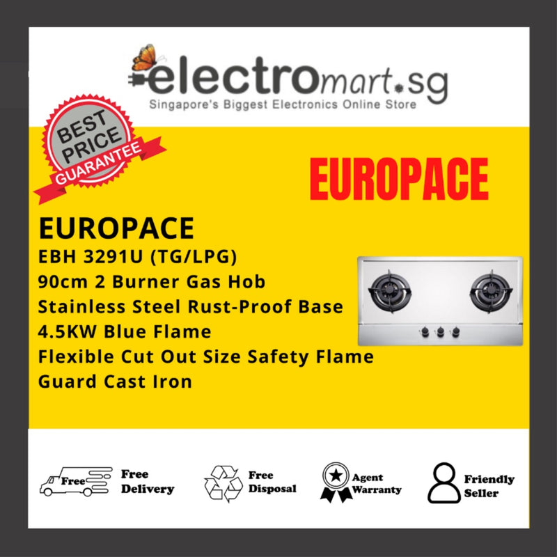 EUROPACE EBH 3291U (TG/LPG) 2 Burner 90cm Slim Gas Cooker Hob (Stainless Steel)