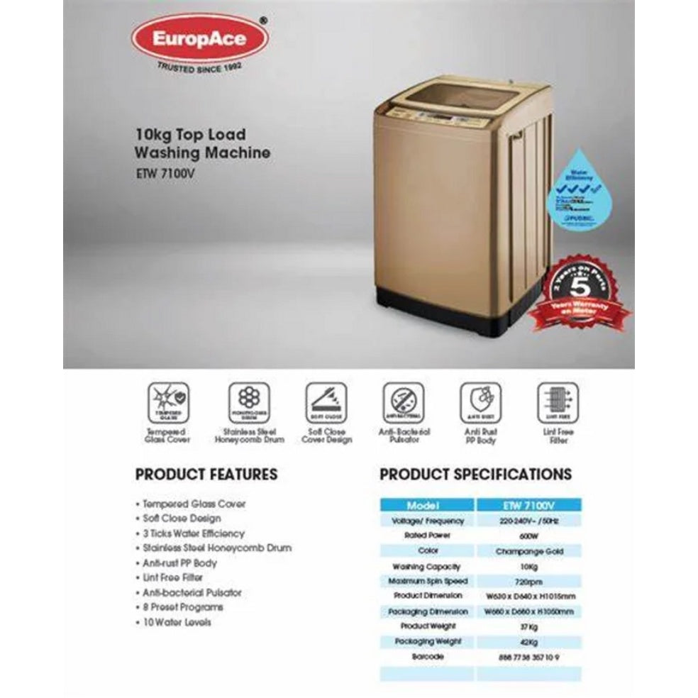 EuropAce ETW 7100V / IMK + Dealers 10kg Top Load Washing Machine - CHAMPAGNE GOLD