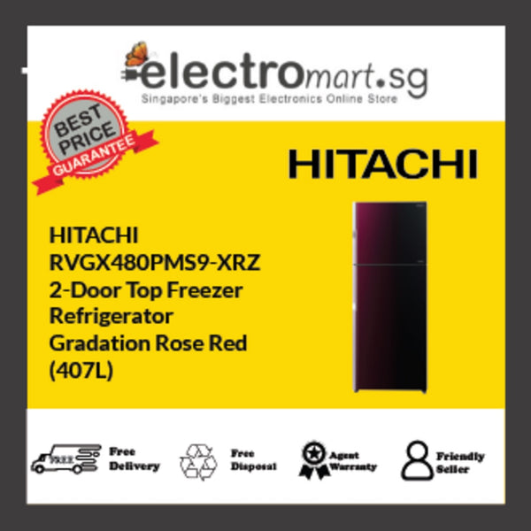 Hitachi Stylish Line Glass 2-Door Refrigerator RVGX480PMS9-XRZ Gradation Rose Red 407L