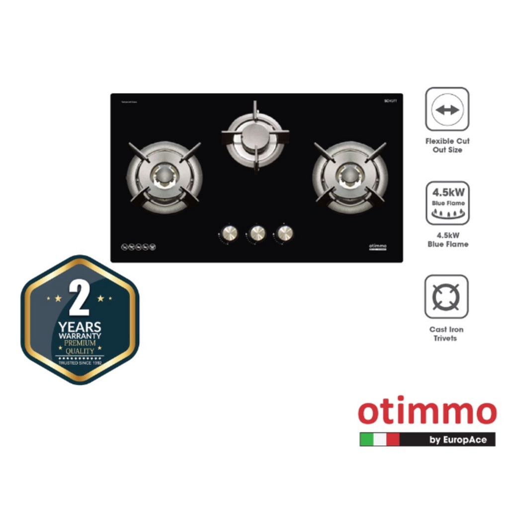 EuropAce Otimmo Package ECH 8111S + EBH 6381S 3 Burner 90cm Gas Hob - Black + Deluxe T Chimney Hood