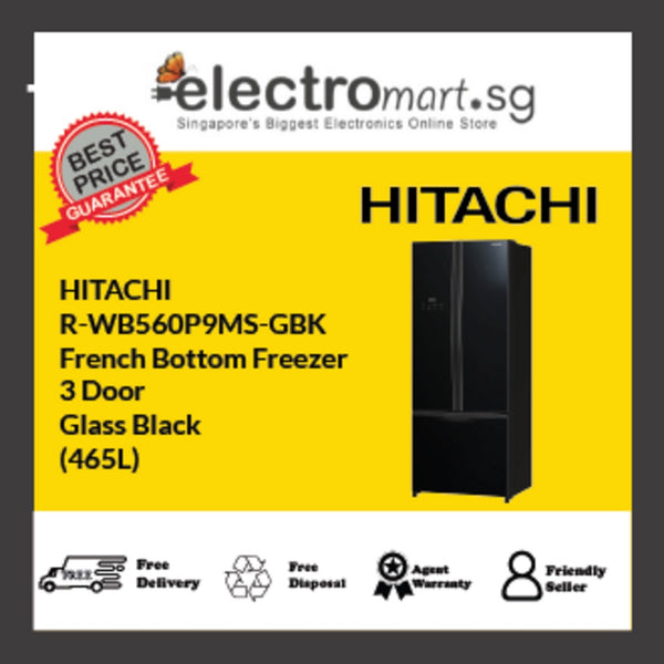 HITACHI R-WB560P9MS-GBK French Bottom Freezer 3 Door Glass Black (465L)