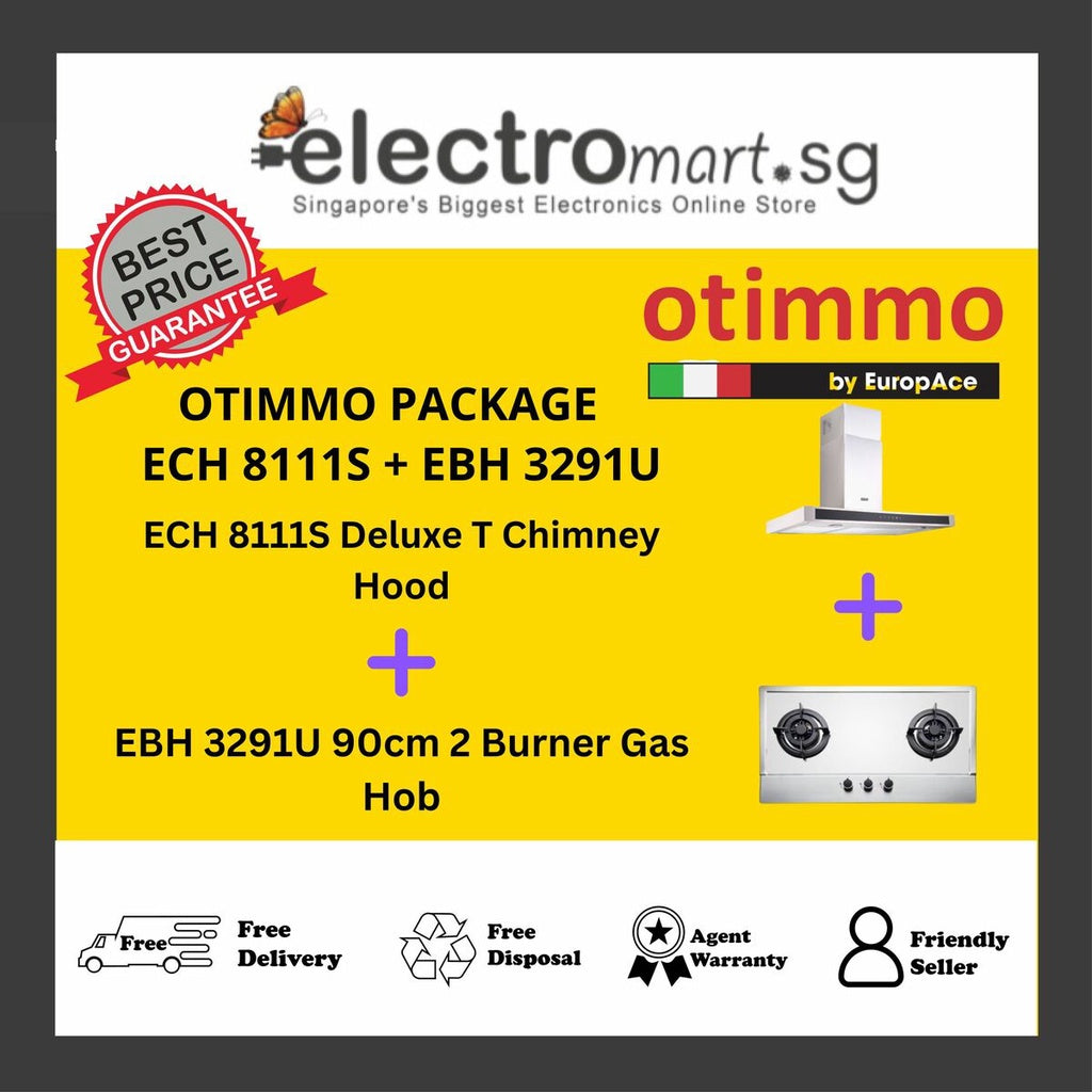 EuropAce Otimmo Package ECH 8111S + EBH 3291U 90cm 2 Burner Gas Hob + Deluxe T Chimney Hood