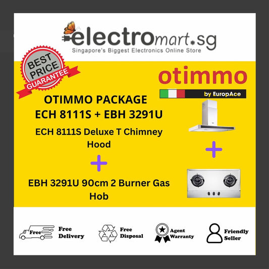 EuropAce Otimmo Package ECH 8111S + EBH 3291U 90cm 2 Burner Gas Hob + Deluxe T Chimney Hood