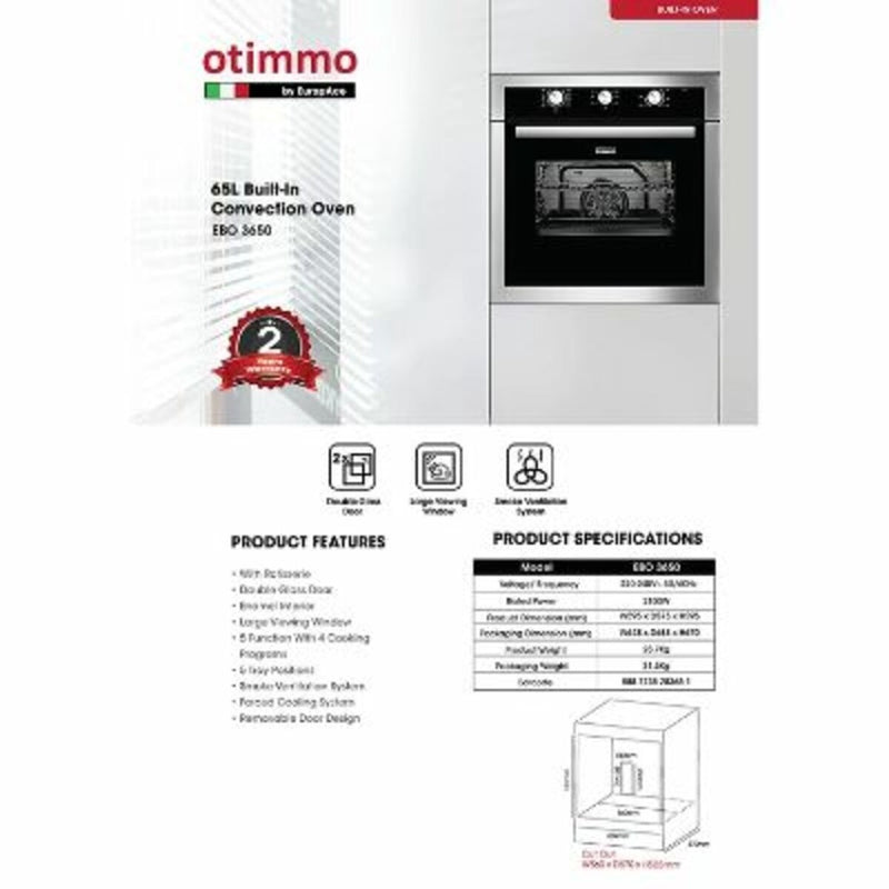 EuropAce Otimmo EBO 3650 65L Built in Convection Oven