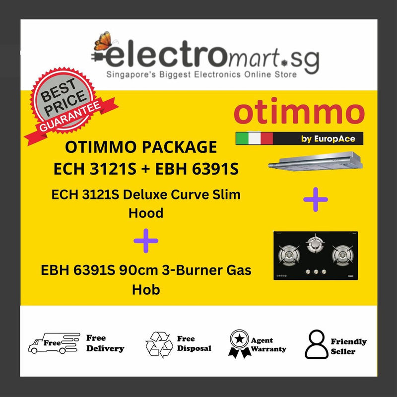 EuropAce Otimmo Package ECH 3121S + EBH 6391S 90cm 3-Burner Gas Hob (PUB / LPG) + Deluxe Curve Slim Hood 90cm