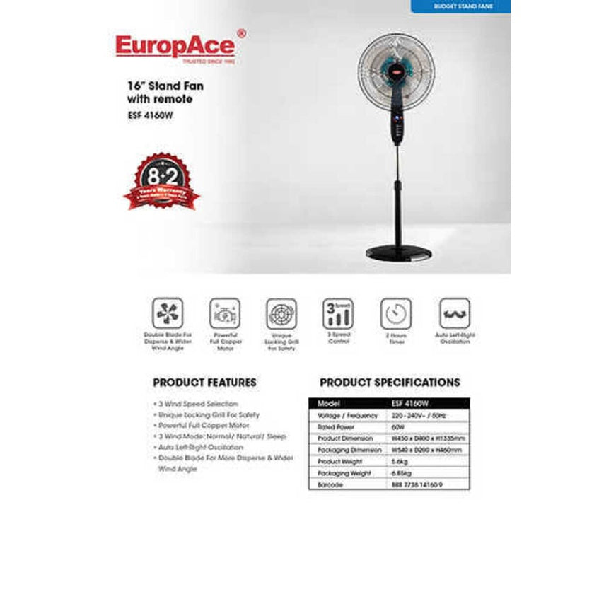 EuropAce ESF 4160W Standing Fan w Timer and Remote 16 inch
