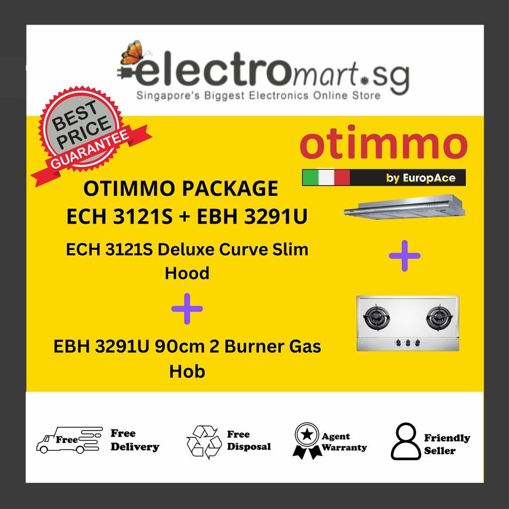 EuropAce Otimmo Package ECH 3121S + EBH 3291U 90cm 2 Burner Gas Hob + Deluxe Curve Slim Hood 90cm