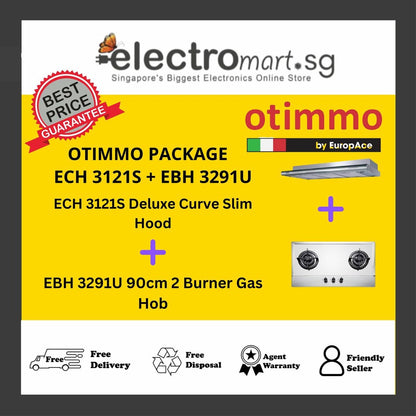 EuropAce Otimmo Package ECH 3121S + EBH 3291U 90cm 2 Burner Gas Hob + Deluxe Curve Slim Hood 90cm