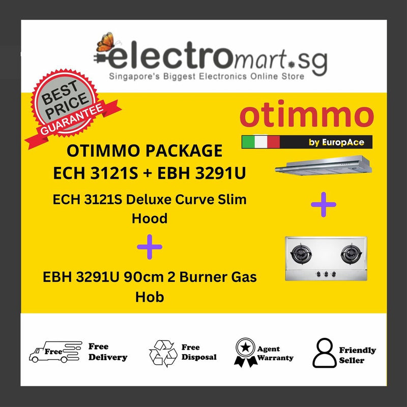 EuropAce Otimmo Package ECH 3121S + EBH 3291U 90cm 2 Burner Gas Hob + Deluxe Curve Slim Hood 90cm