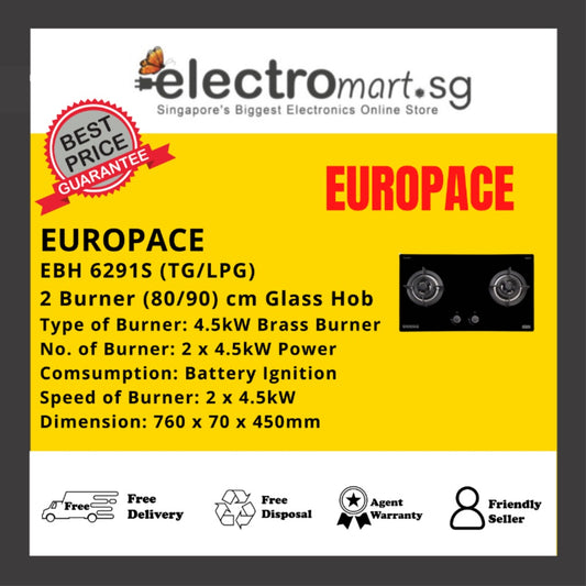 EuropAce Otimmo EBH 6291S (TG/LPG) 2 Burner 90cm Slim Gas Cooker Hob (Schott Glass)