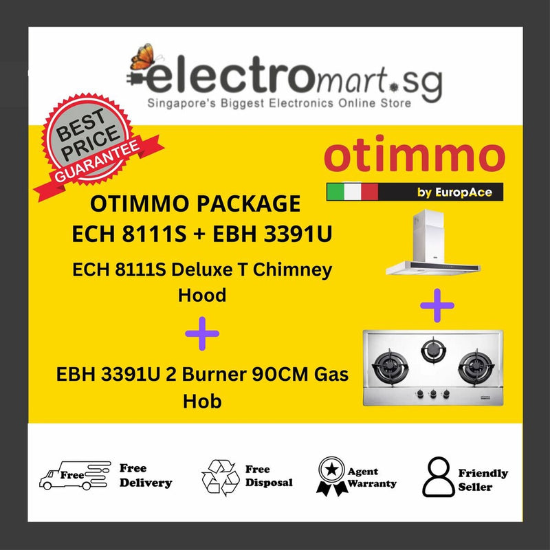 EuropAce Otimmo Package ECH 8111S + EBH 3391U 2 Burner 90CM Gas Hob (PUB / LPG) + Deluxe T Chimney Hood