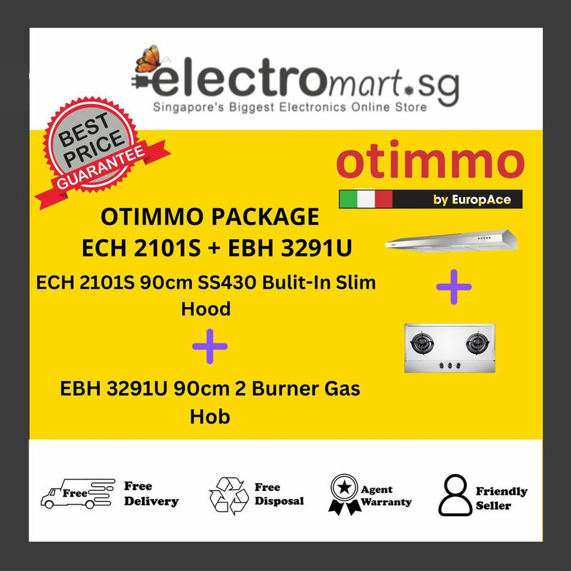 EuropAce Otimmo Package ECH 2101S + EBH 3291U 90cm SS430 Bulit-In Slim Hood + 90cm 2 Burner Gas Hob