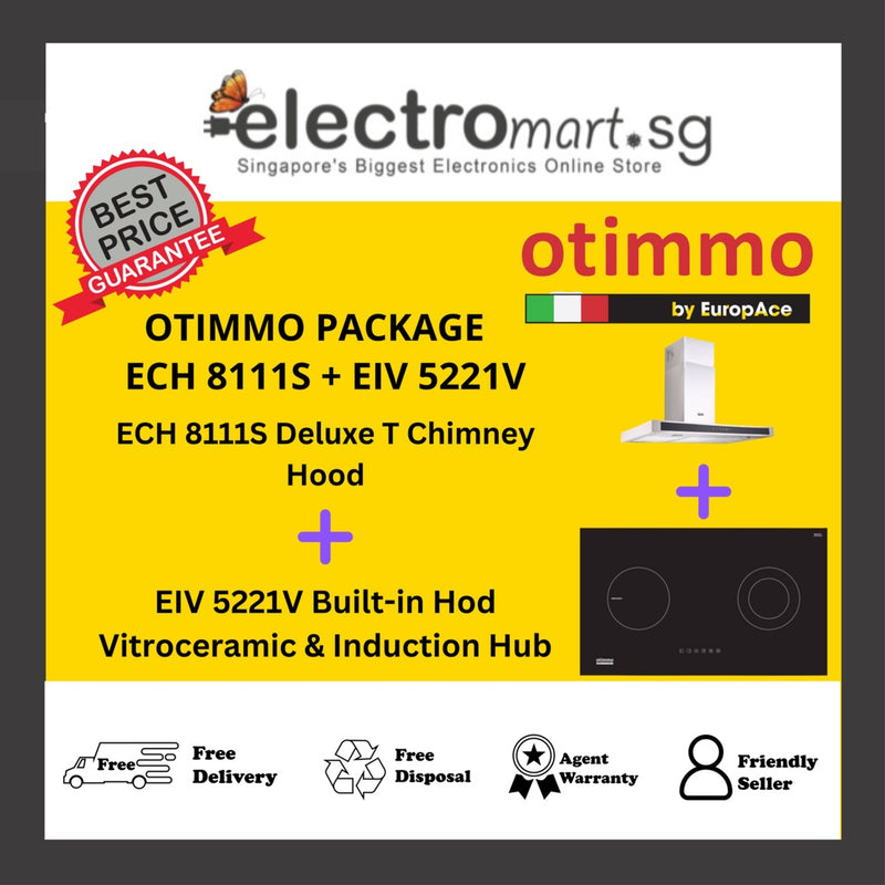 EUROPACE Otimmo ECH 8111S + EIV 5221V Deluxe T Chimney Hood + Built-in Hod Vitroceramic