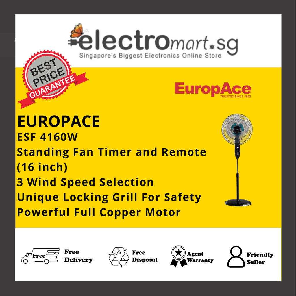 EuropAce ESF 4160W Standing Fan w Timer and Remote 16 inch