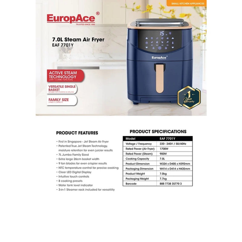 EuropAce EAF 7701Y - NEW 3-in-1 Steam Air Fryer 7L