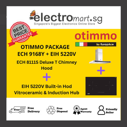 EuropAce Otimmo ECH 9168Y + EIH 5220V 90cm Premium T-Shaped Chimney Hood + Built-in Hod Vitroceramic