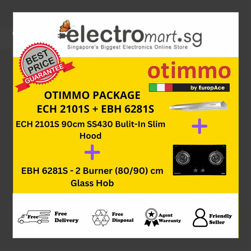 EuropAce Otimmo Package ECH 2101S + EBH 6281S - 2 Burner (80/90) cm Glass Hob (PUB / LPG)+ 90cm SS430 Bulit-In Slim Hood