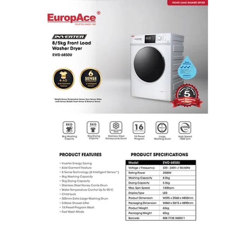 EuropAce EWD 6850U 8kg/5kg Washer + Dryer 1400rpm / Inverter