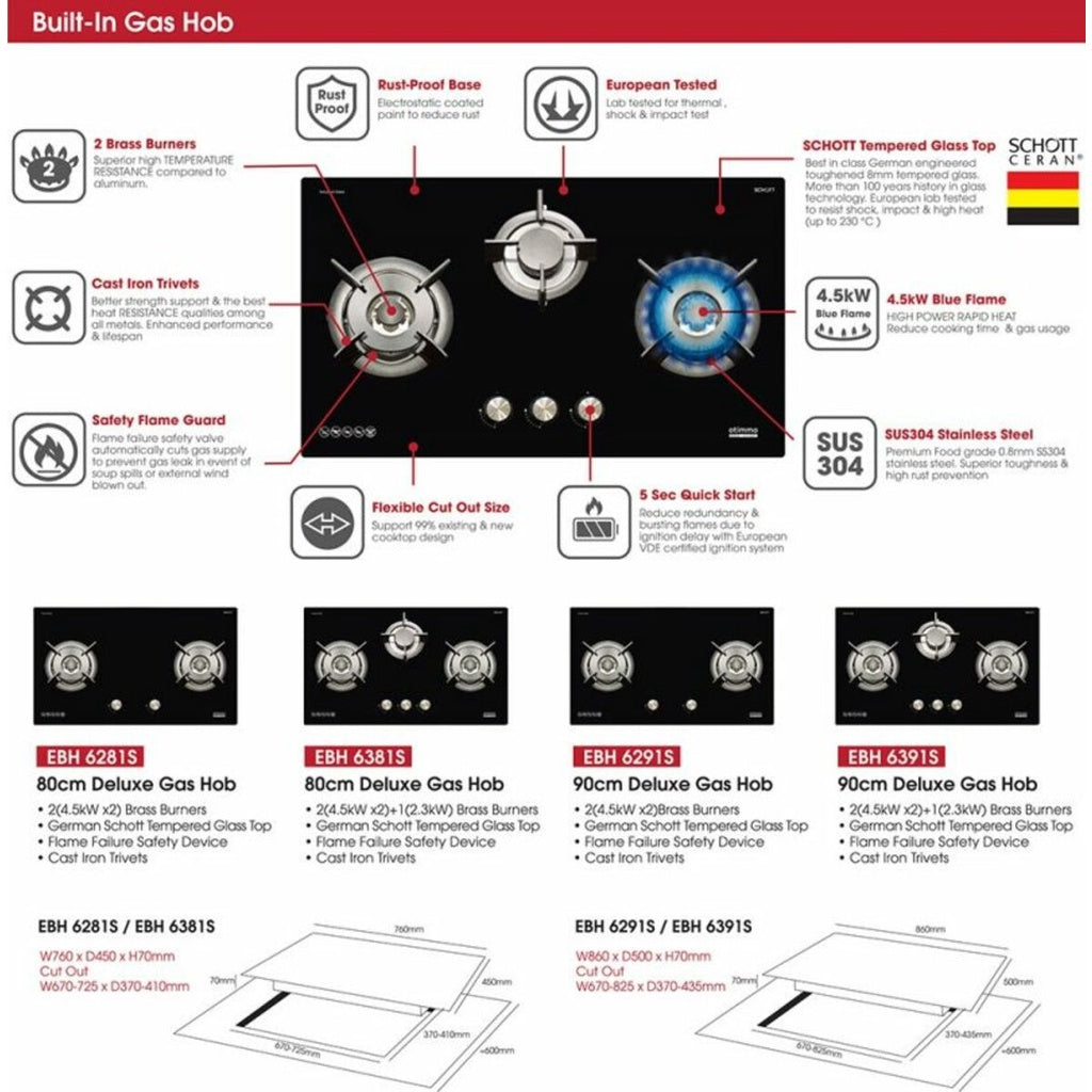 EUROPACE Otimmo EBH 6391S (TG/LPG) 3 Burner 90cm Slim Gas Cooker Hob (Schott Glass)