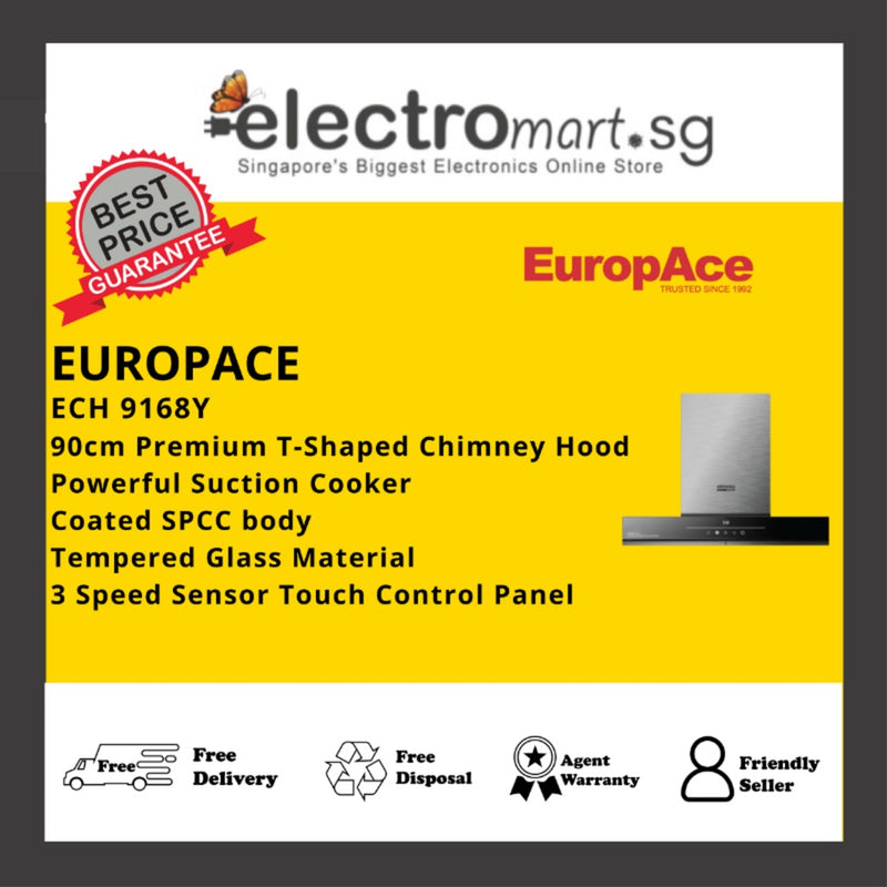 EuropAce Otimmo ECH 9168Y 90cm Premium T-Shaped Chimney Hood (1600m3/hr) Powerful Suction
