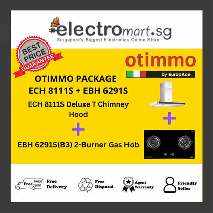 EuropAce Otimmo Package ECH 8111S + EBH 6291S 2-Burner Gas Hob (PUB / LPG) + Deluxe T Chimney Hood