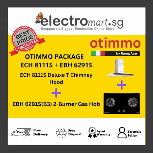 EuropAce Otimmo Package ECH 8111S + EBH 6291S 2-Burner Gas Hob (PUB / LPG) + Deluxe T Chimney Hood