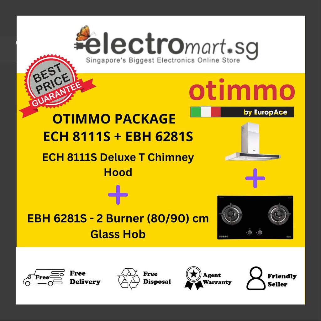 EuropAce Otimmo Package ECH 8111S + EBH 6281S - 2 Burner (80/90) cm Glass Hob (PUB / LPG) + Deluxe T Chimney Hood