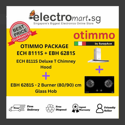 EuropAce Otimmo Package ECH 8111S + EBH 6281S - 2 Burner (80/90) cm Glass Hob (PUB / LPG) + Deluxe T Chimney Hood