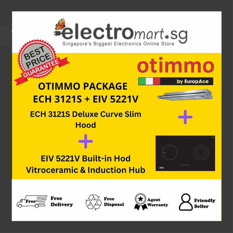 EuropAce Otimmo Package ECH 3121S + EIV 5221V Built-in Hod Vitroceramic & Induction Hub + Deluxe Curve Slim Hood 90cm