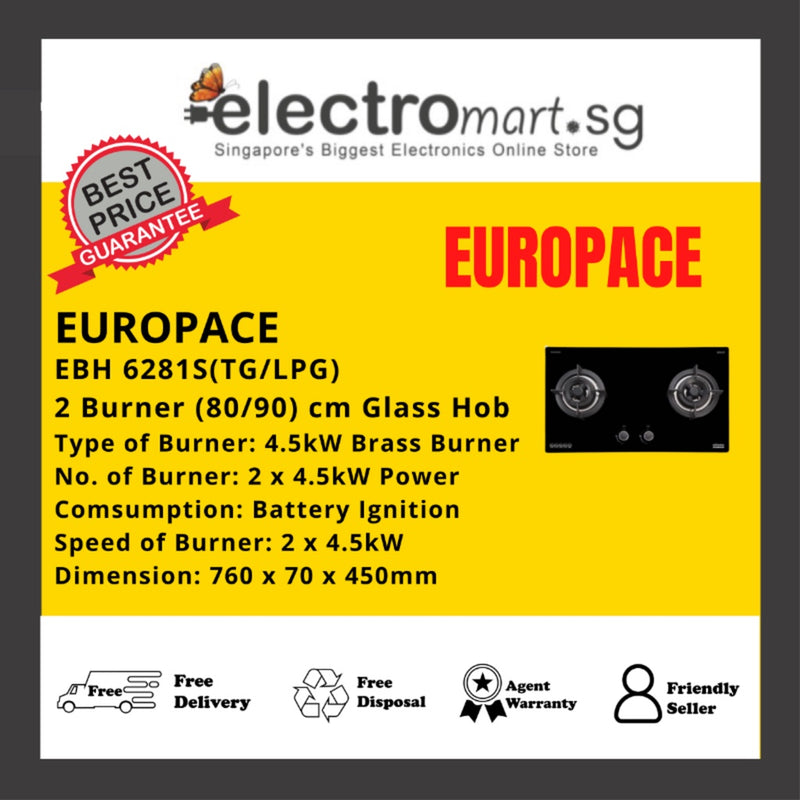 EuropAce EBH 6281S (TG/LPG) 2 Burner 80cm Slim Gas Cooker Hob (Schott Glass)