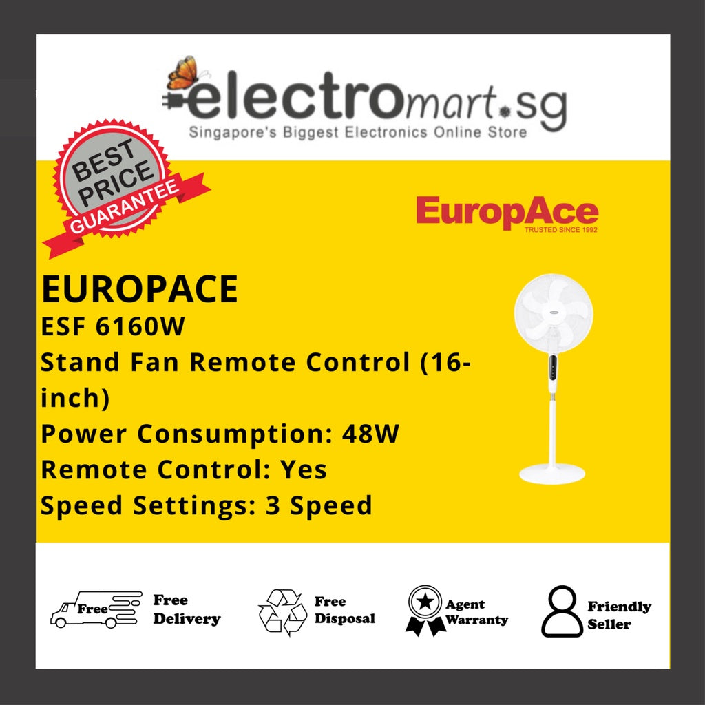 EuropAce ESF 6160W Stand Fan w Remote Control 16 inch