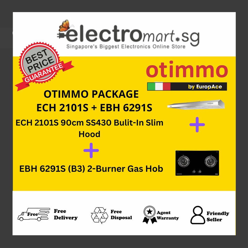 EuropAce Otimmo Package ECH 2101S + EBH 6291S 2-Burner Gas Hob (PUB / LPG) + 90cm SS430 Bulit-In Slim Hood