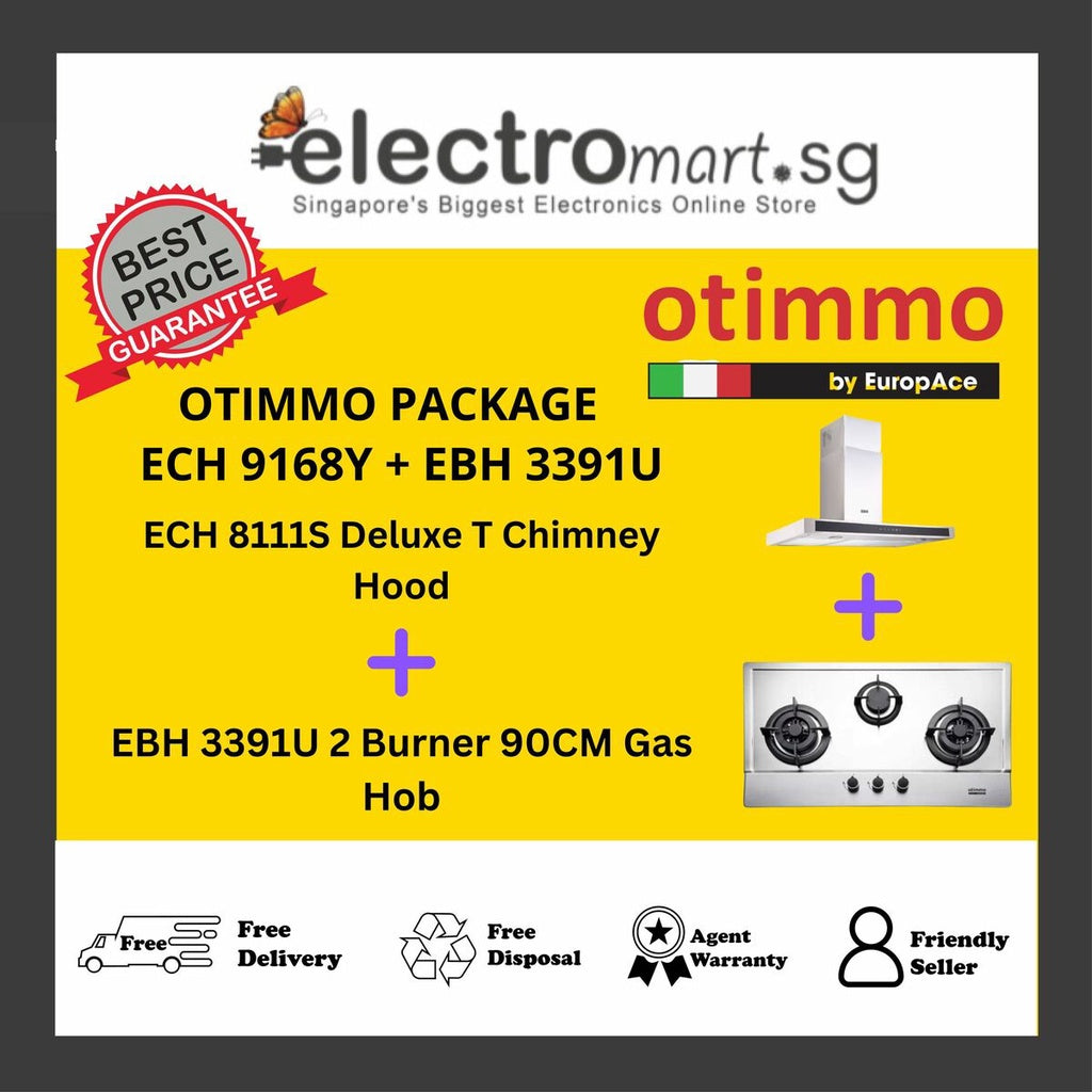 EuropAce Otimmo Package ECH 9168Y + EBH 3391U 2 Burner 90CM Gas Hob (PUB / LPG) + 90cm Premium T-Shaped Chimney Hood (1600m3/hr)