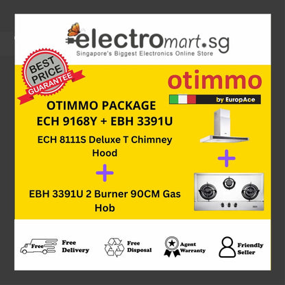 EuropAce Otimmo Package ECH 9168Y + EBH 3391U 2 Burner 90CM Gas Hob (PUB / LPG) + 90cm Premium T-Shaped Chimney Hood (1600m3/hr)