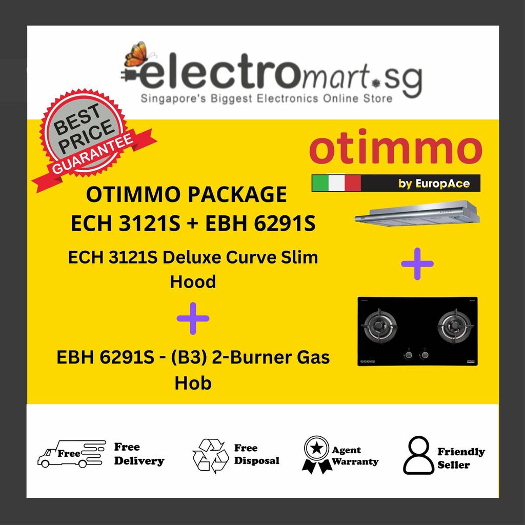 EuropAce Otimmo Package ECH 3121S + EBH 6291S 2-Burner Gas Hob (PUB / LPG) + Deluxe Curve Slim Hood 90cm