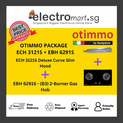 EuropAce Otimmo Package ECH 3121S + EBH 6291S 2-Burner Gas Hob (PUB / LPG) + Deluxe Curve Slim Hood 90cm