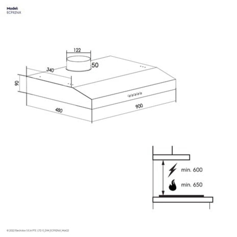 ELECTROLUX ECF9214X Fixed Extractor  Hood 90cm