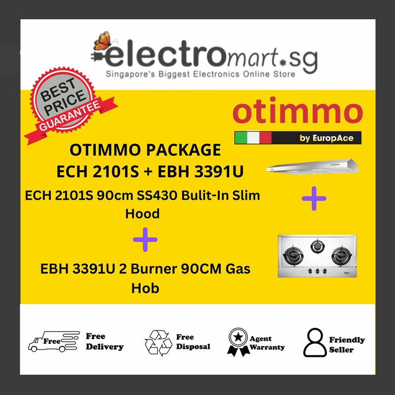 EuropAce Otimmo Package ECH 2101S + EBH 3391U Burner 90CM Gas Hob (PUB / LPG) + 90cm Slim Hood (Stainless Steel 430)
