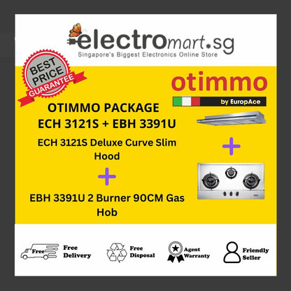 EuropAce Otimmo Package ECH 3121S + EBH 3391U 2 Burner 90CM Gas Hob (PUB / LPG) + Deluxe Curve Slim Hood 90cm