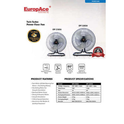 EuropAce EPF 2203U Twin Turbo Power Floor Fan 20 inch