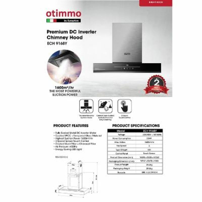 EUROPACE Otimmo ECH 9168Y + EIV 5221V 90cm Premium T-Shaped Chimney Hood + Built-in Hod Vitroceramic