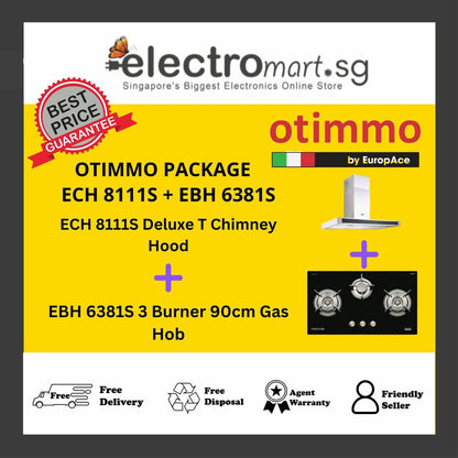 EuropAce Otimmo Package ECH 8111S + EBH 6381S 3 Burner 90cm Gas Hob - Black + Deluxe T Chimney Hood