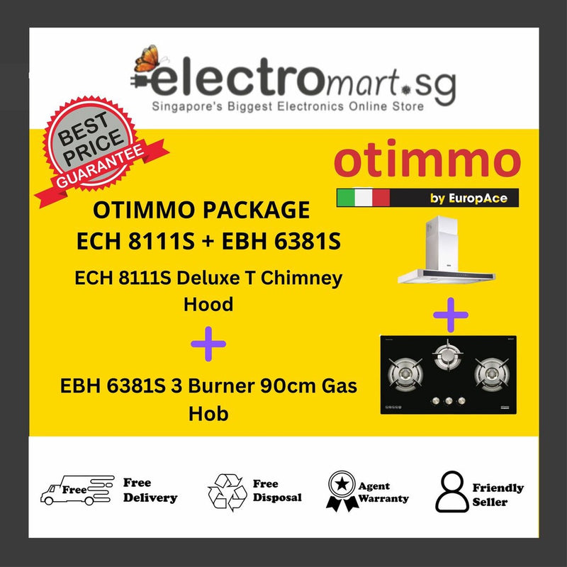 EuropAce Otimmo Package ECH 8111S + EBH 6381S 3 Burner 90cm Gas Hob - Black + Deluxe T Chimney Hood