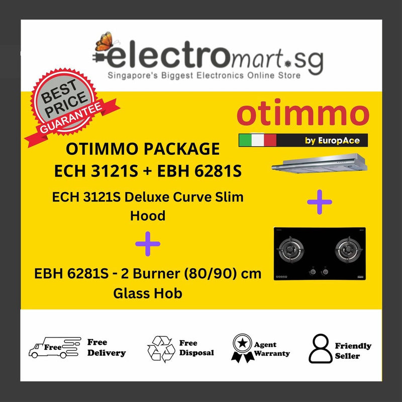 EuropAce Otimmo Package ECH 3121S + EBH 6281S - 2 Burner (80/90) cm Glass Hob (PUB / LPG) + Deluxe Curve Slim Hood 90cm