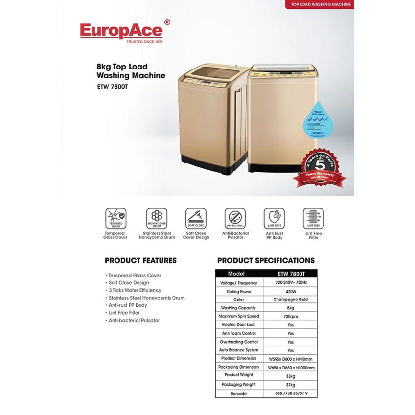 EuropAce ETW 7800T / IMK + Dealers Top Load Washing Machine Champagne Gold 8kg